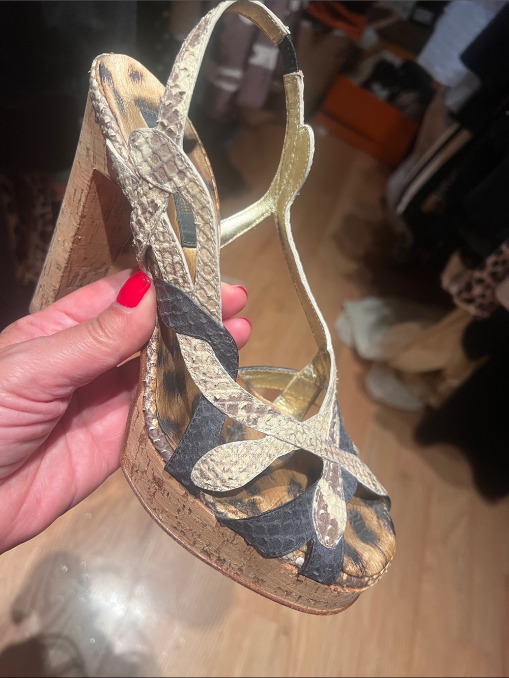 Roberto Cavalli Beige Snake-Effect & Black Leopard-Print Slingback Heels